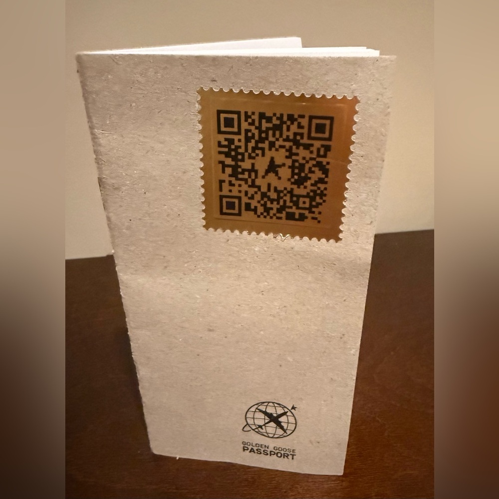 Two Golden Goose White Passports with Gold QR Code